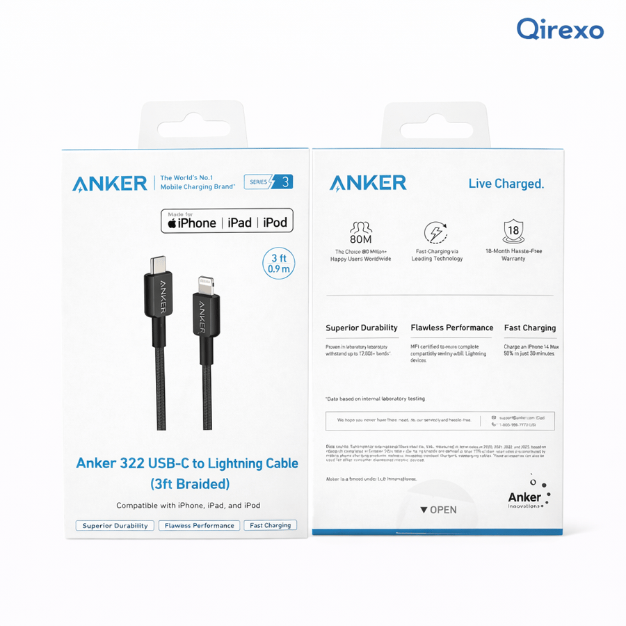 انكر - كيبل 322 USB-C إلى Lightning بطول 3 قدم – نايلون مجدول