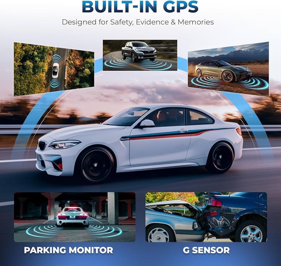 كاميرا داش كام للسيارة 4K أمامية وخلفية مع GPS وتطبيق عربي – تسجيل 24 ساعة