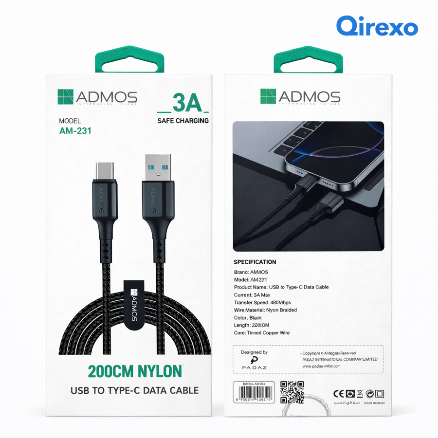 أدموس - كيبل شحن ونقل بيانات USB إلى Type-C نايلون 200 سم
