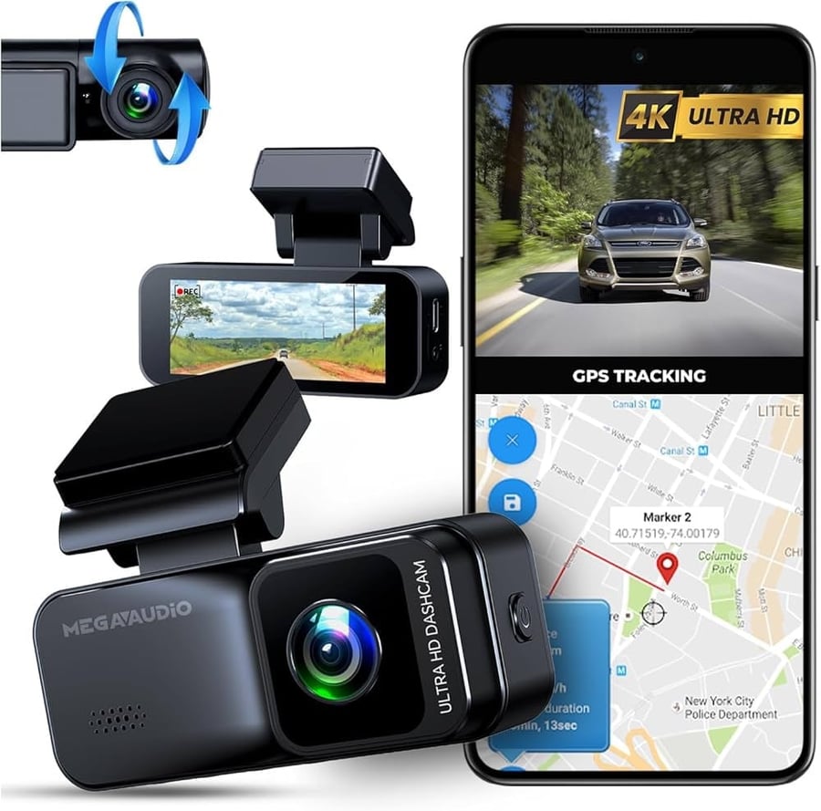 كاميرا داش كام للسيارة 4K أمامية وخلفية مع GPS وتطبيق عربي – تسجيل 24 ساعة