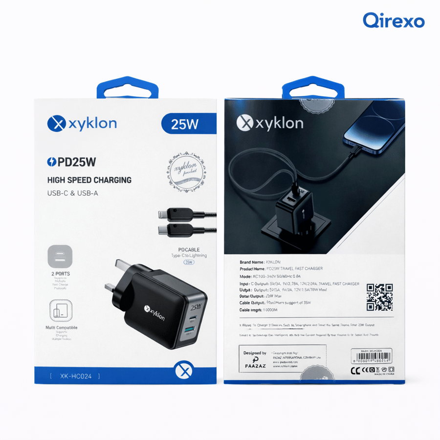 زيلكون - شاحن جداري PD 25W بمنفذي USB-C وUSB-A مع كابل Type-C إلى Lightning