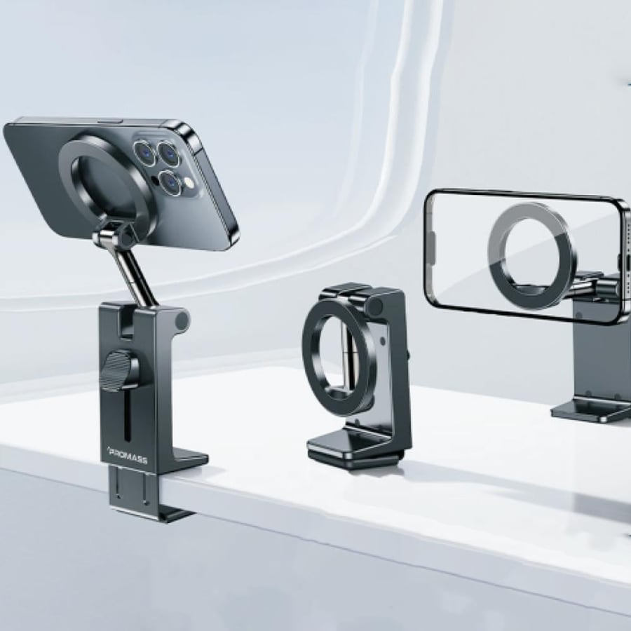 حامل جوال مغناطيسي بمشبك تثبيت قوي للأسطح الثابتة (Heavy-Duty Clamp) من ماركة PROMASS إصدار AnchorMag Series بدوران 360 درجة