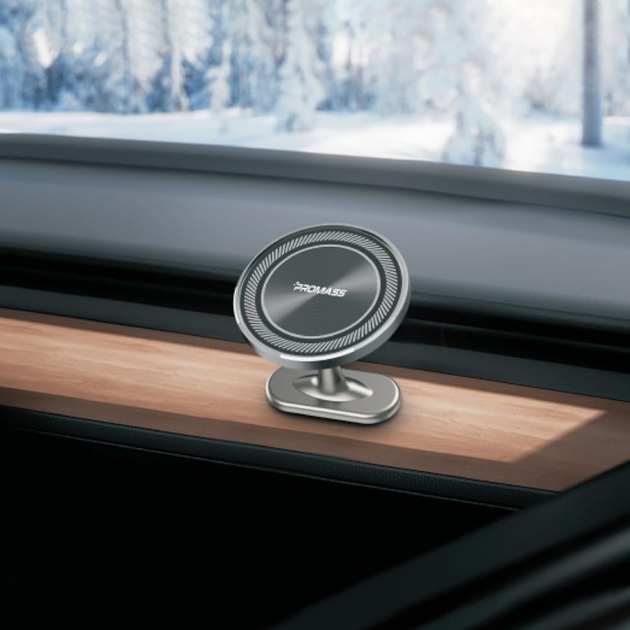 حامل مغناطيسي صغير وأنيق للسيارة والمكتب من ماركة PROMASS إصدار FoldDrive Series بقاعدة لاصقة مدمجة ودوران كروي 360 درجة (Magnetic Holder Compact and Stylish - Premium Zinc Alloy Vacuum Magnetic Holder)