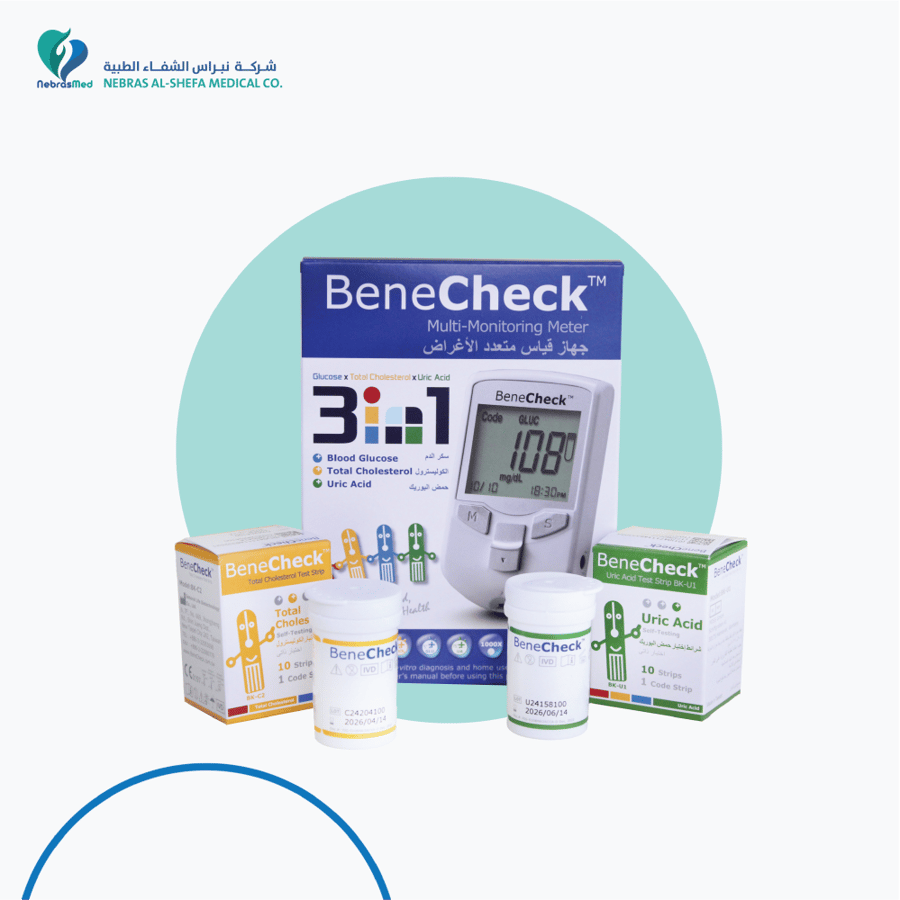 جهاز BeneCheck مع 10شرائط كوليسترول و 10شرائط يوريك أسيد
