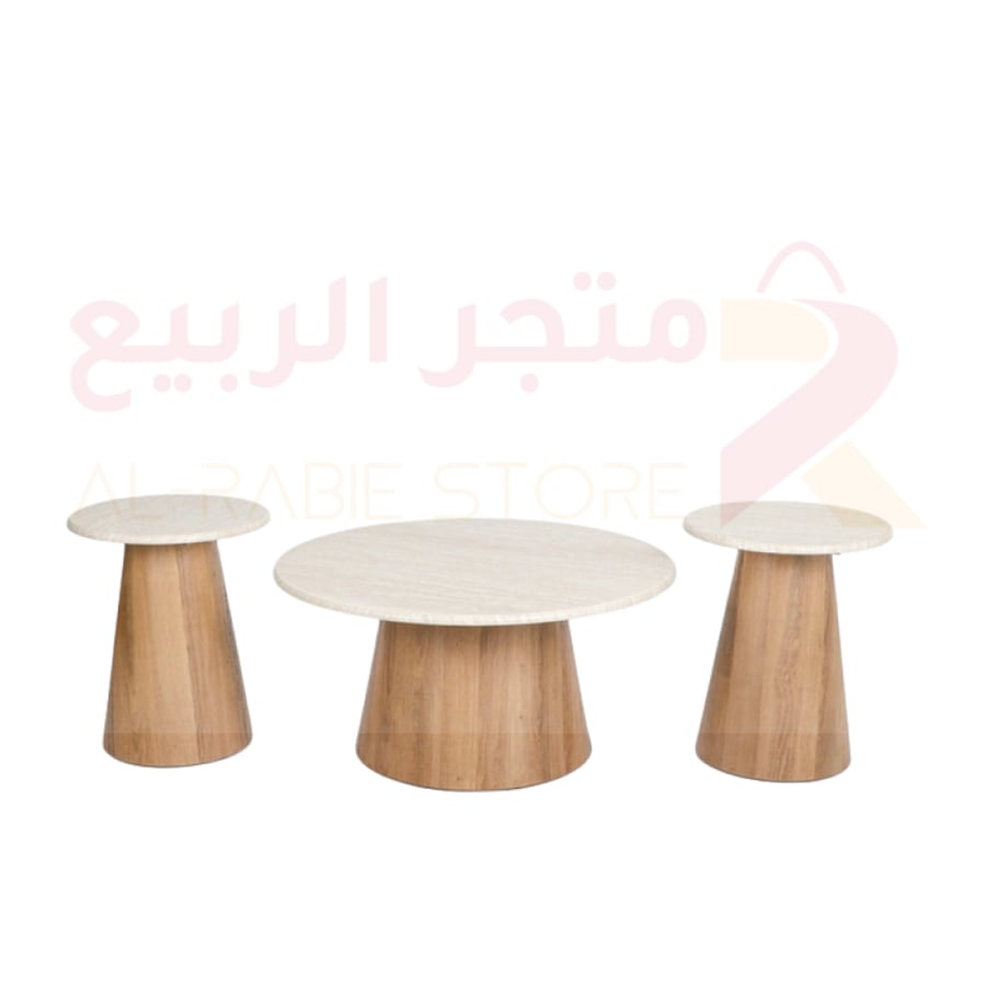 طقم طاولات كنب (ضيافة) سطح ترافنتينو قواعد خشب 3قع رقم 000113