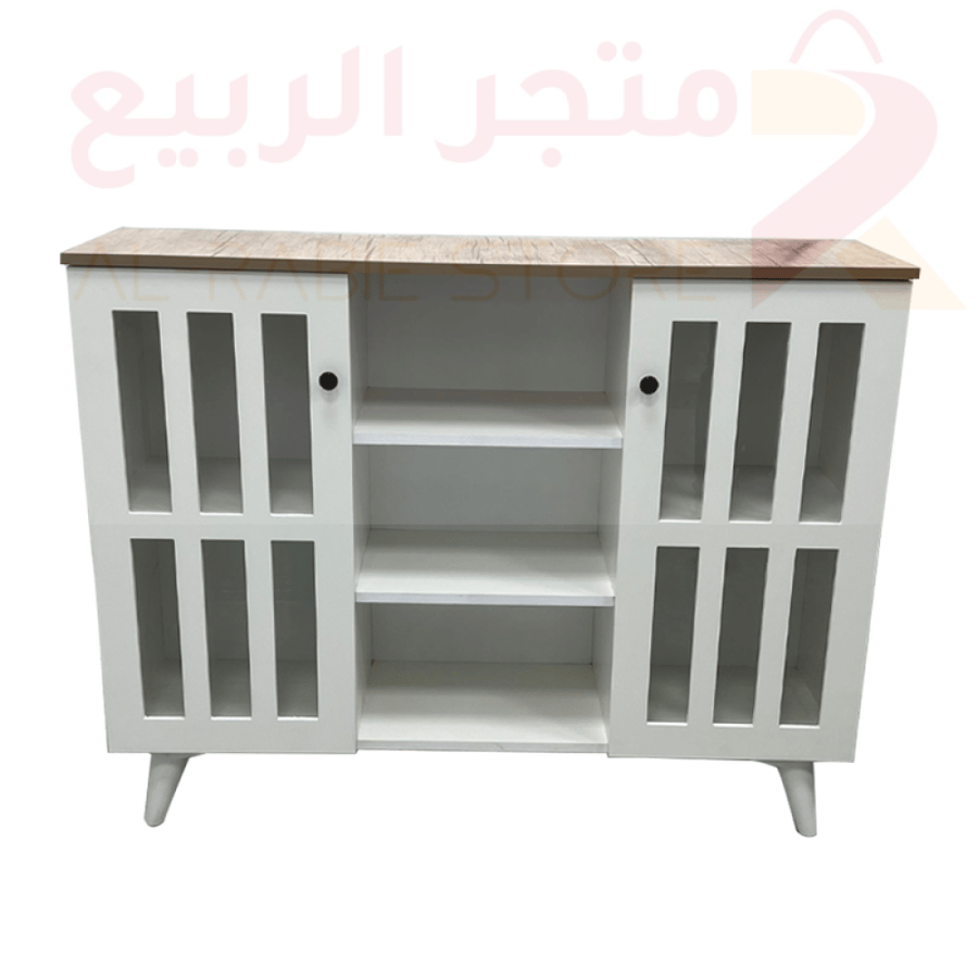 دولاب كافيه خشب ابيض بسطح بيج 2باب 3رفوف رقم CAF103