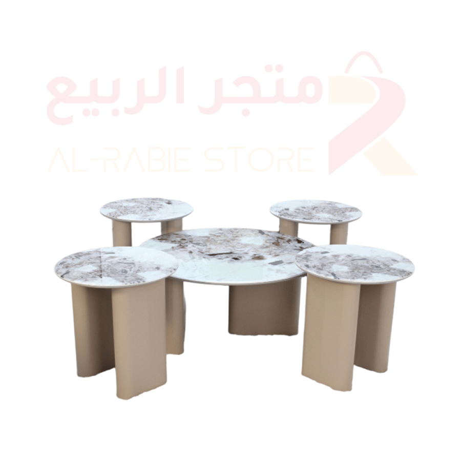 طقم طاولات ضيافة (كنب) بديل رخام فاتح دائري 5قطع رقم AL-708CT