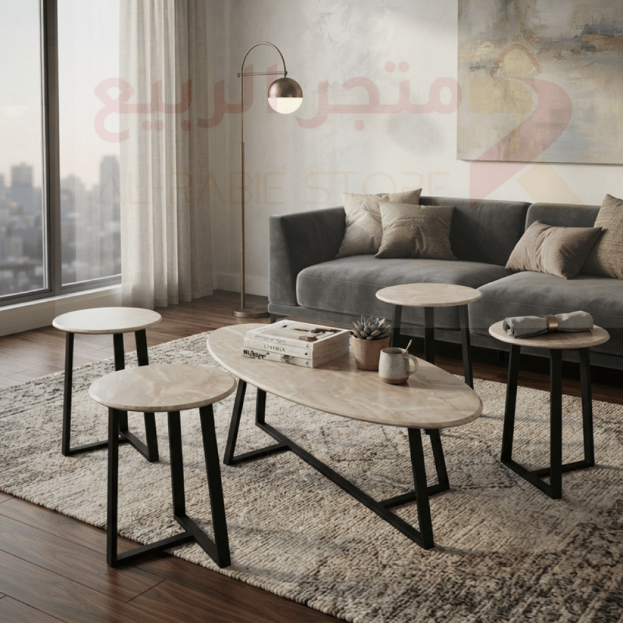 طقم طاولات كنب سيراميك 5قطع قواعد حديد رقم MTC0473