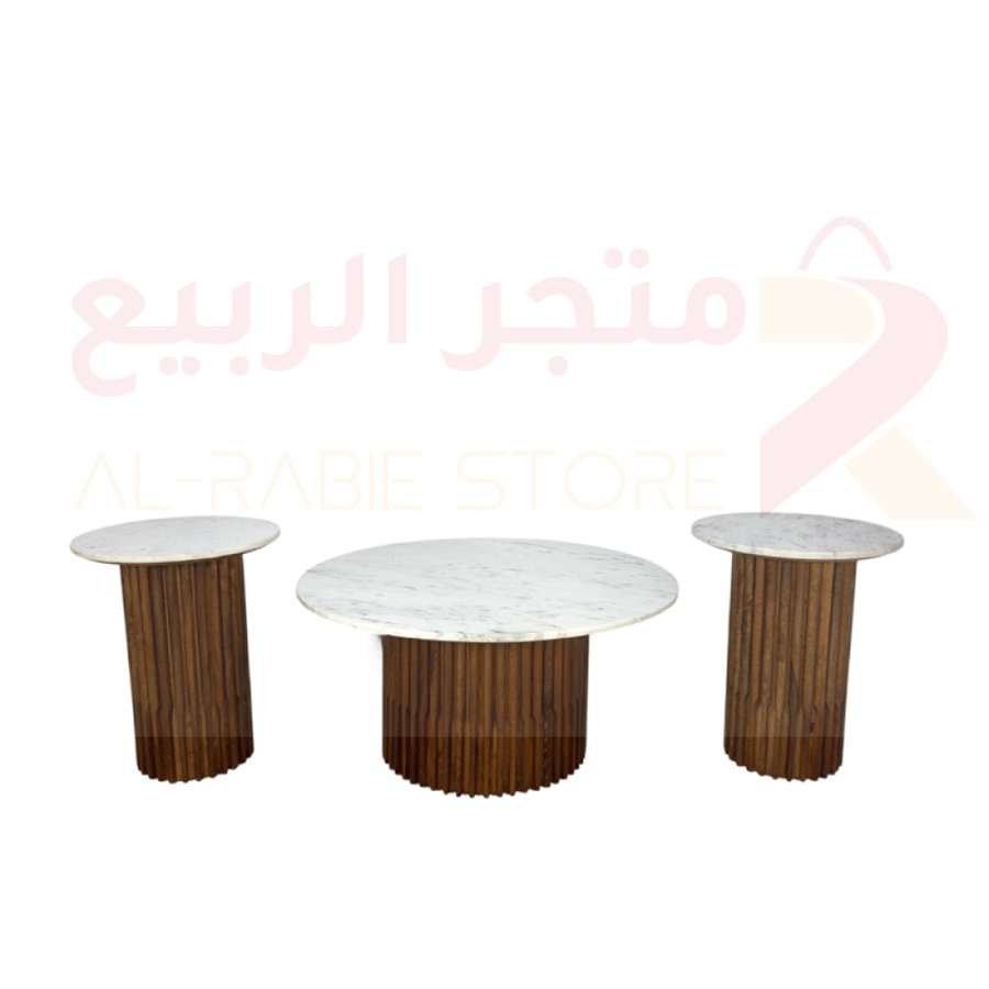 طقم طاولات كنب رخامي بقاعدة خشبية 3قطع رقم SFC11651