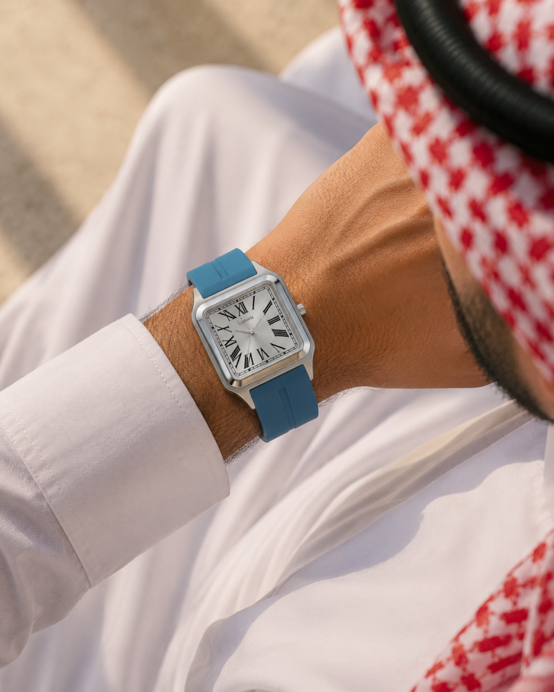 ساعة رجالي ربل سير سماوي اطار فضي