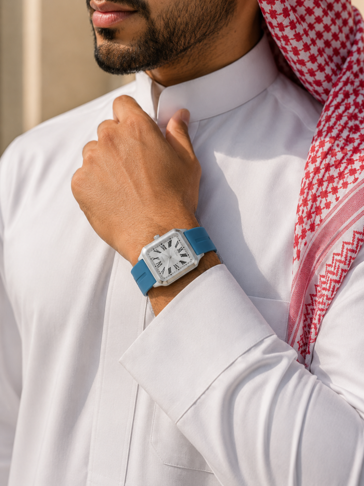 ساعة رجالي ربل سير سماوي اطار فضي