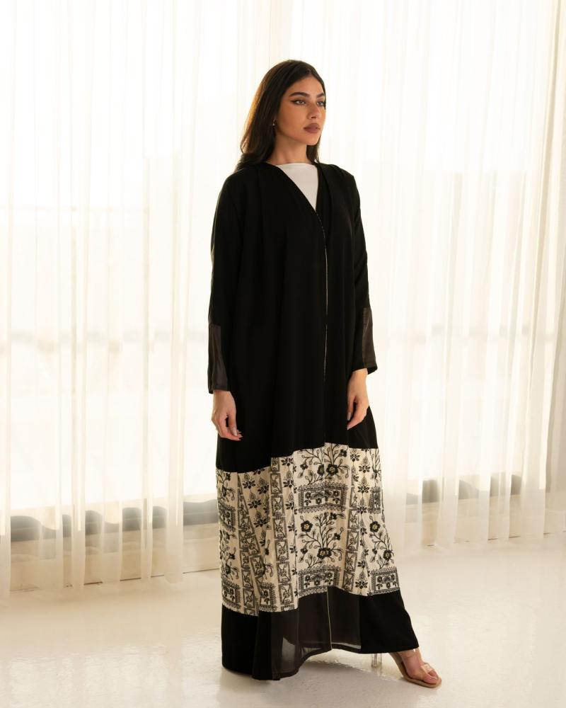 Black crepe abaya with embroidered linen
