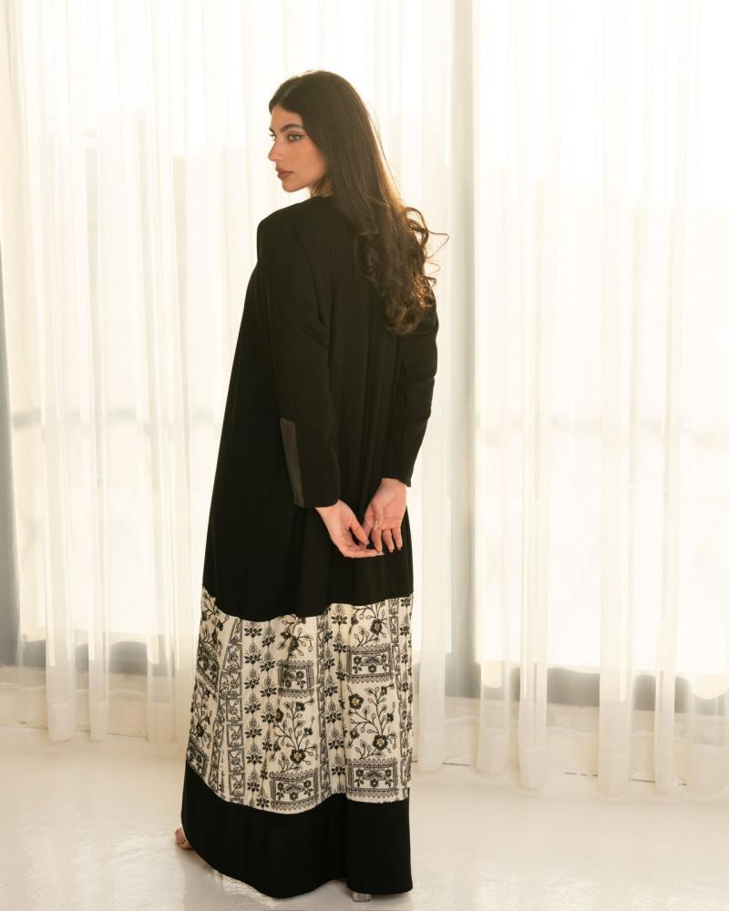 Black crepe abaya with embroidered linen