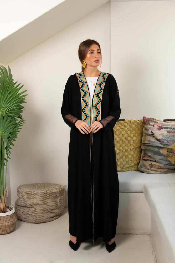 Black crepe abaya with embroidery and tulle sleeves