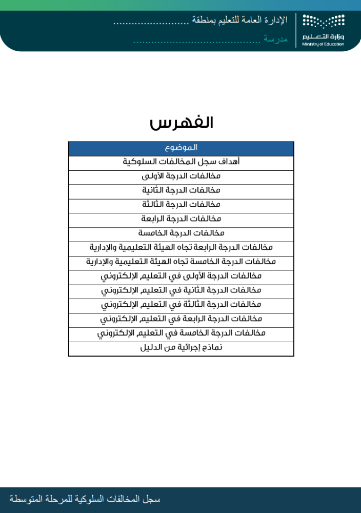 سجل المخالفات السلوكية للمرحلة المتوسطه