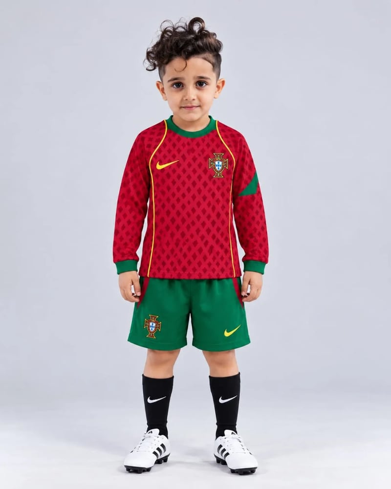 طقم منتخب البرتغال ولادي كم طويل مع شورت أخضر