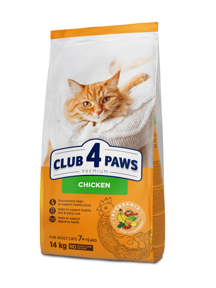 طعام جاف للقطط البالغة فوق 7 سنوات دجاج 14 كيلو club 4 paws