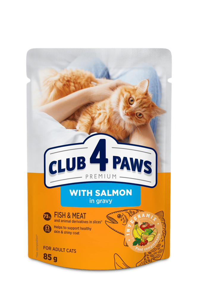 طعام رطب للقطط الكبيره سالمون مع المرق 85 جرام club 4 paws