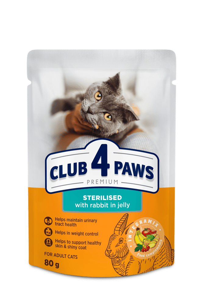 طعام رطب للقطط العقيمه بالارنب مع الجيلي 80جرام CLUB 4 PAWS