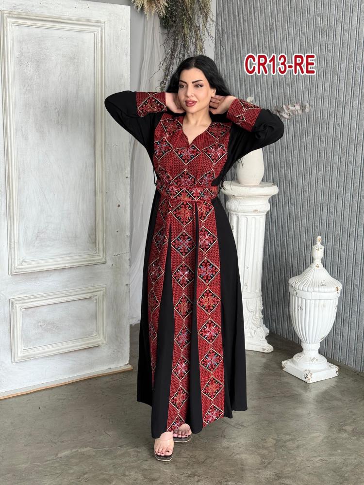 فستان كريب شرايح معينه تطريز فلسطينى