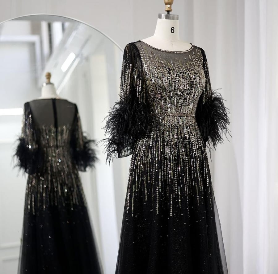 Luxury half sleeve feather evening dress from Samara Boutique