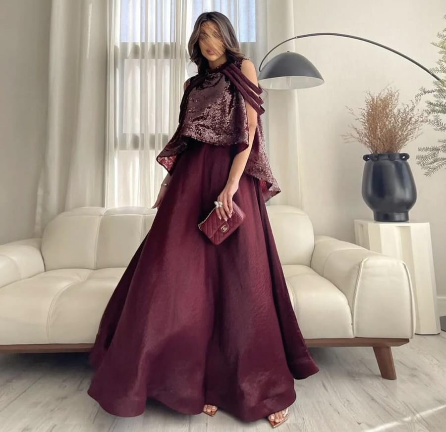 فستان سهرة ناعم برغندي من سمار بوتيك-S145
