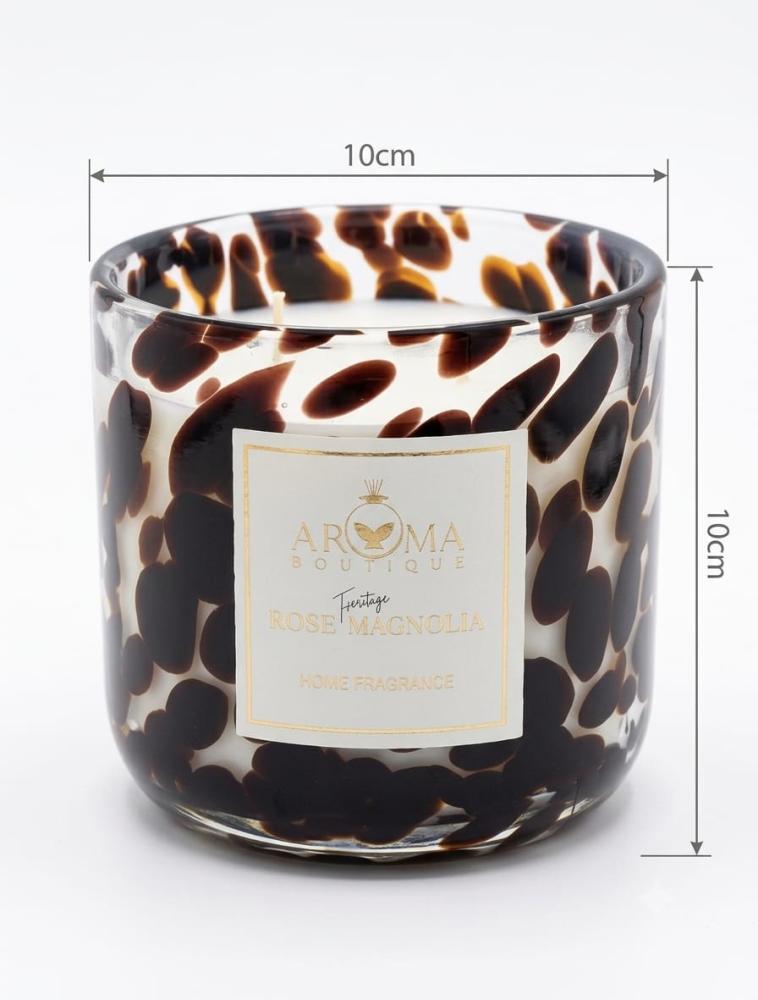 شمعة معطرة فاخرة  ب 2 فتيل - روز ماغنوليا ب 2 فتيل(Rose Magnolia) من Aroma Boutique | وعاء زجاجي بتصميم جلد النمر