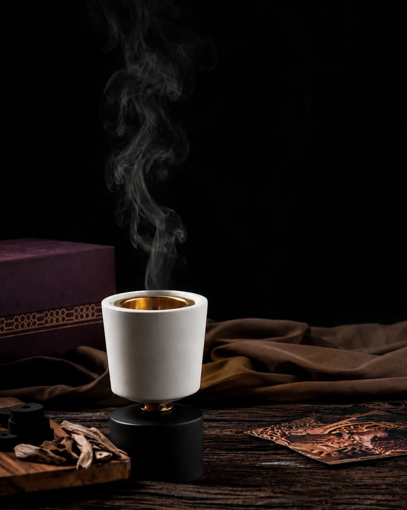 مبخرة مودرن سيراميك  أبيض وذهبي بقاعدة سوداء