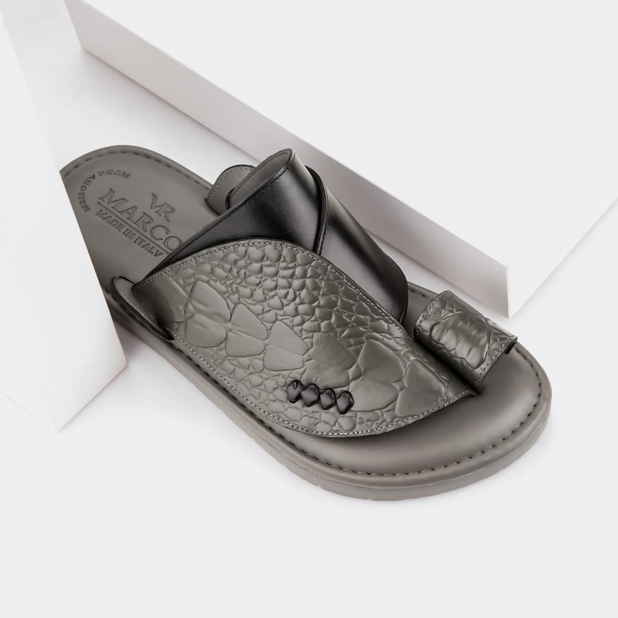 Gray Italian slippers with crocodile leather pattern