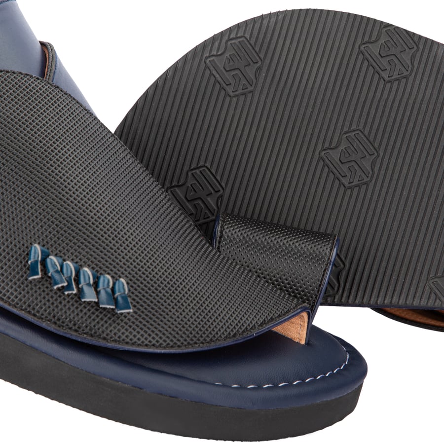 Eastern slippers made of natural dark blue leather