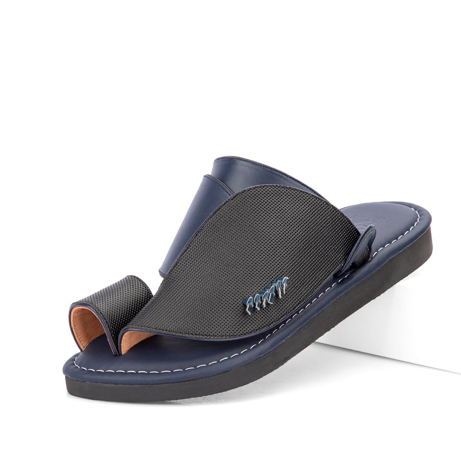 Eastern slippers made of natural dark blue leather