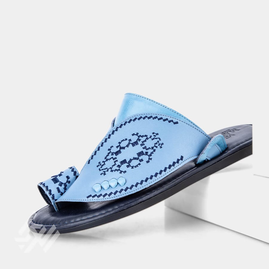 Saudi slippers embroidered medical Italian leather sky blue