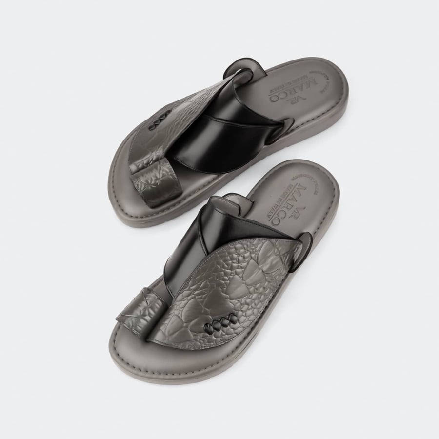 Gray Italian slippers with crocodile leather pattern
