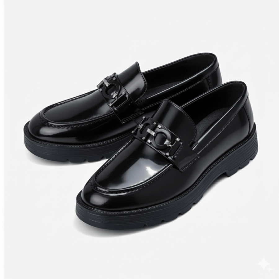 Black comfortable leather shiny loafers