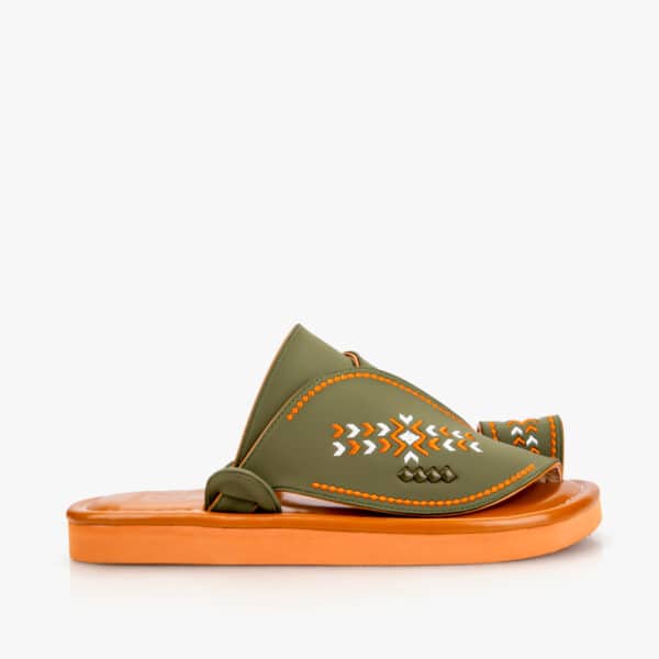 Eastern slippers embroidered by hand in elegant olive and orange colors