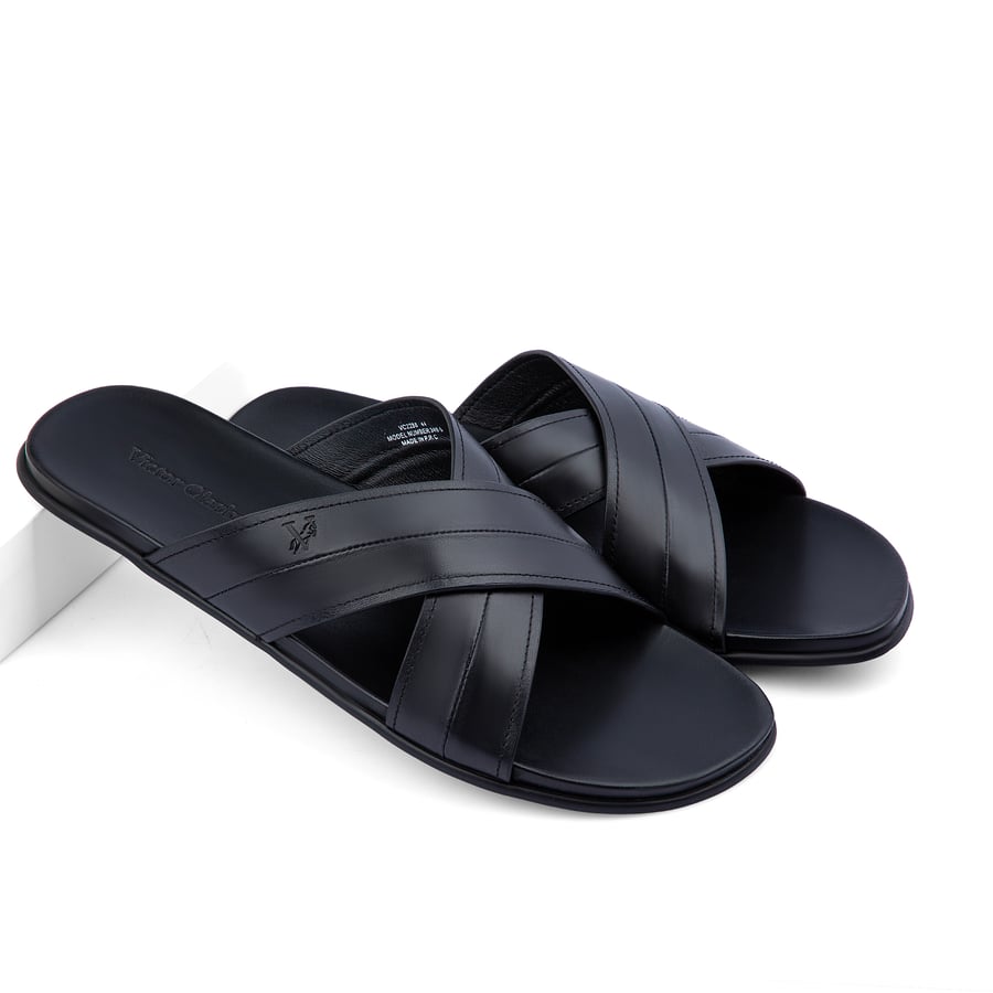 Men's black leather slippers from Victor Clark