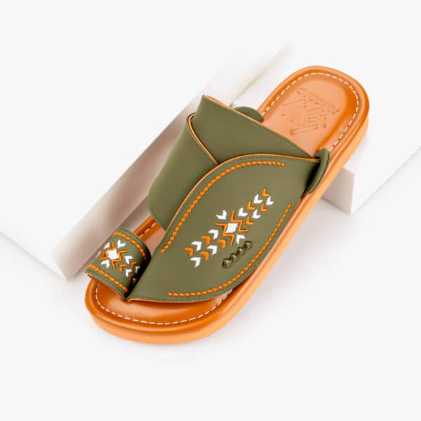 Eastern slippers embroidered by hand in elegant olive and orange colors