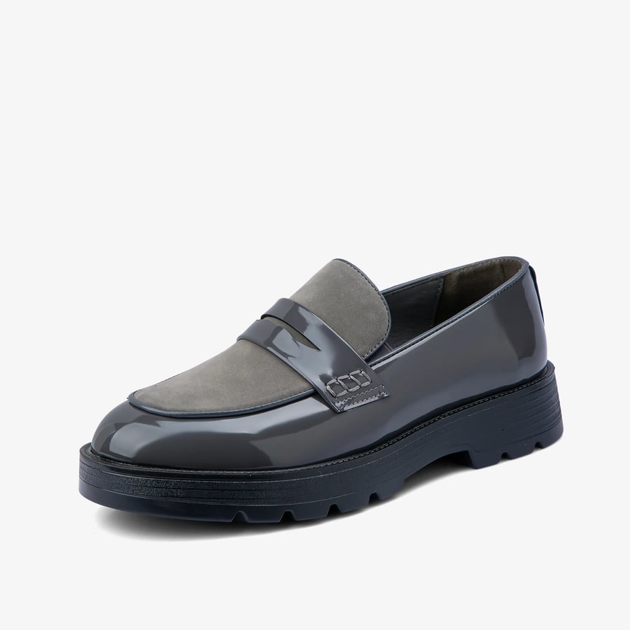 Dark gray loafers shoe shiny leather and velvet