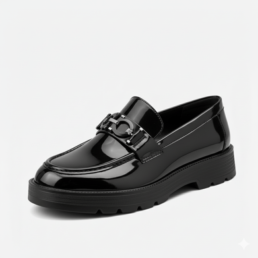 Black comfortable leather shiny loafers