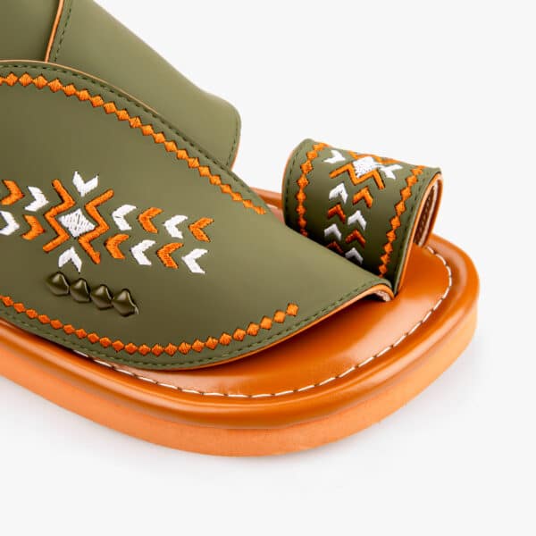 Eastern slippers embroidered by hand in elegant olive and orange colors