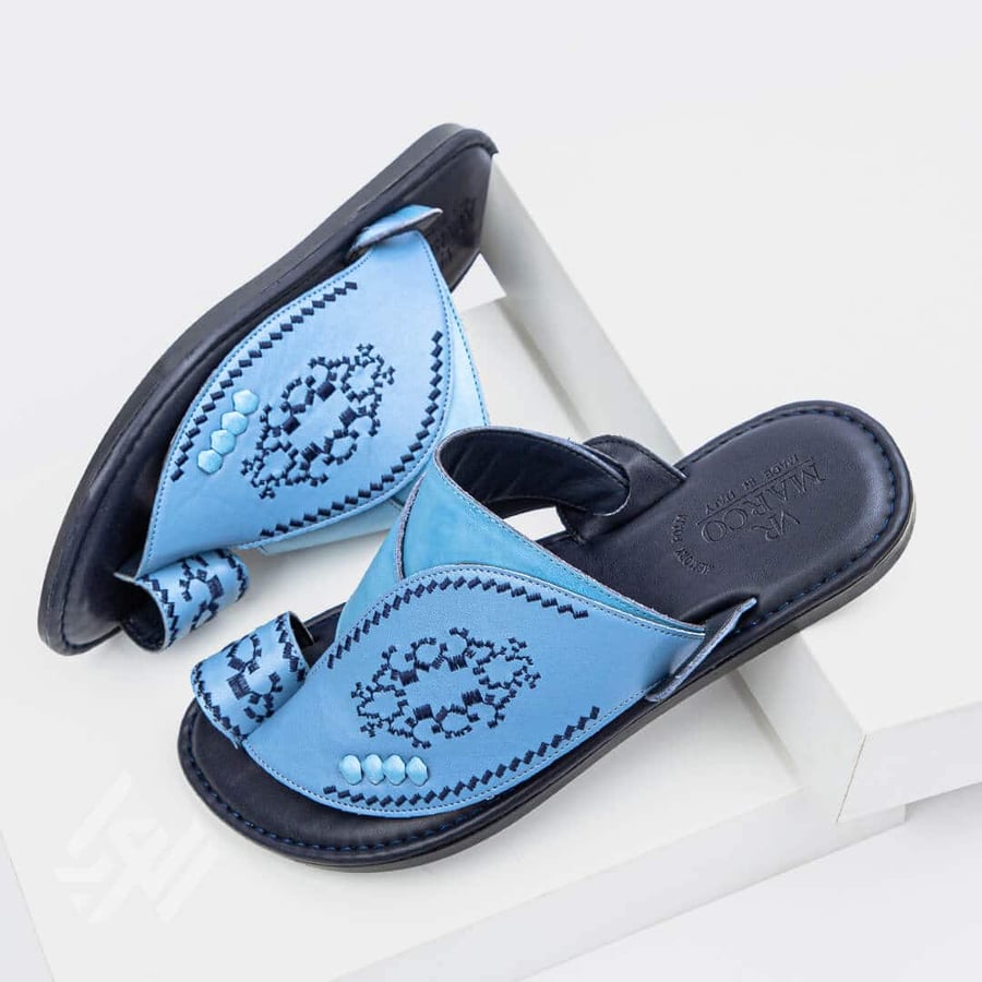 Saudi slippers embroidered medical Italian leather sky blue