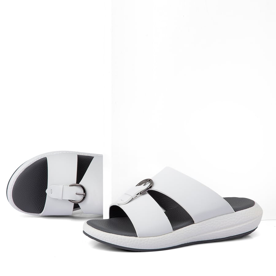 Gulf slippers, white leather, gray medical sole