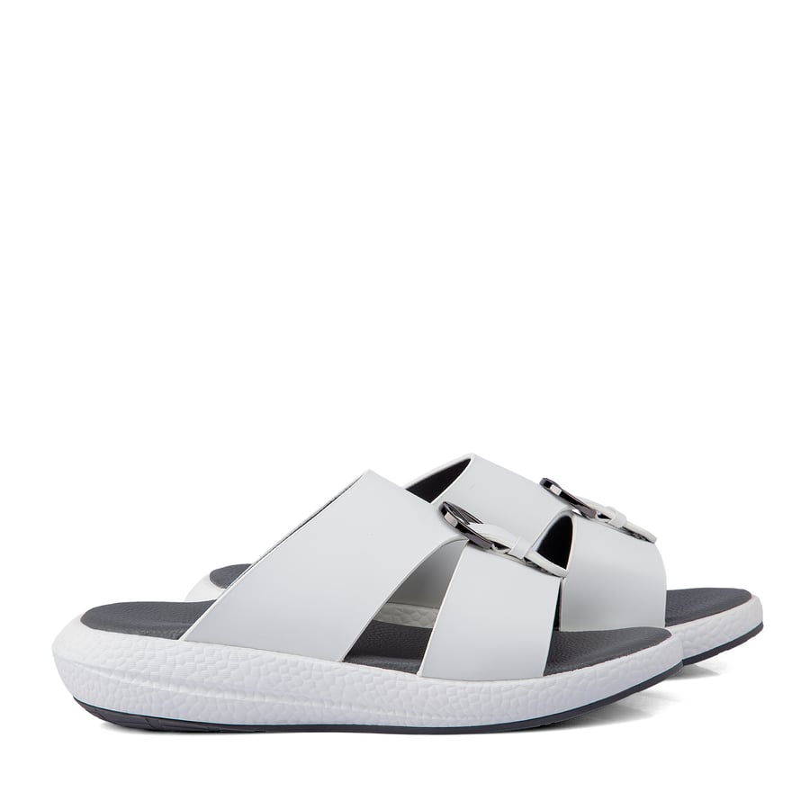 Gulf slippers, white leather, gray medical sole