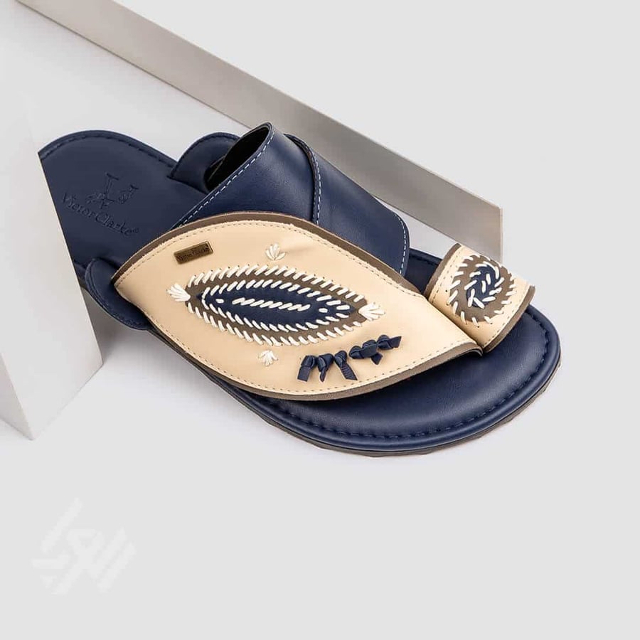 Gulf slippers made of navy blue and beige leather with embroidery