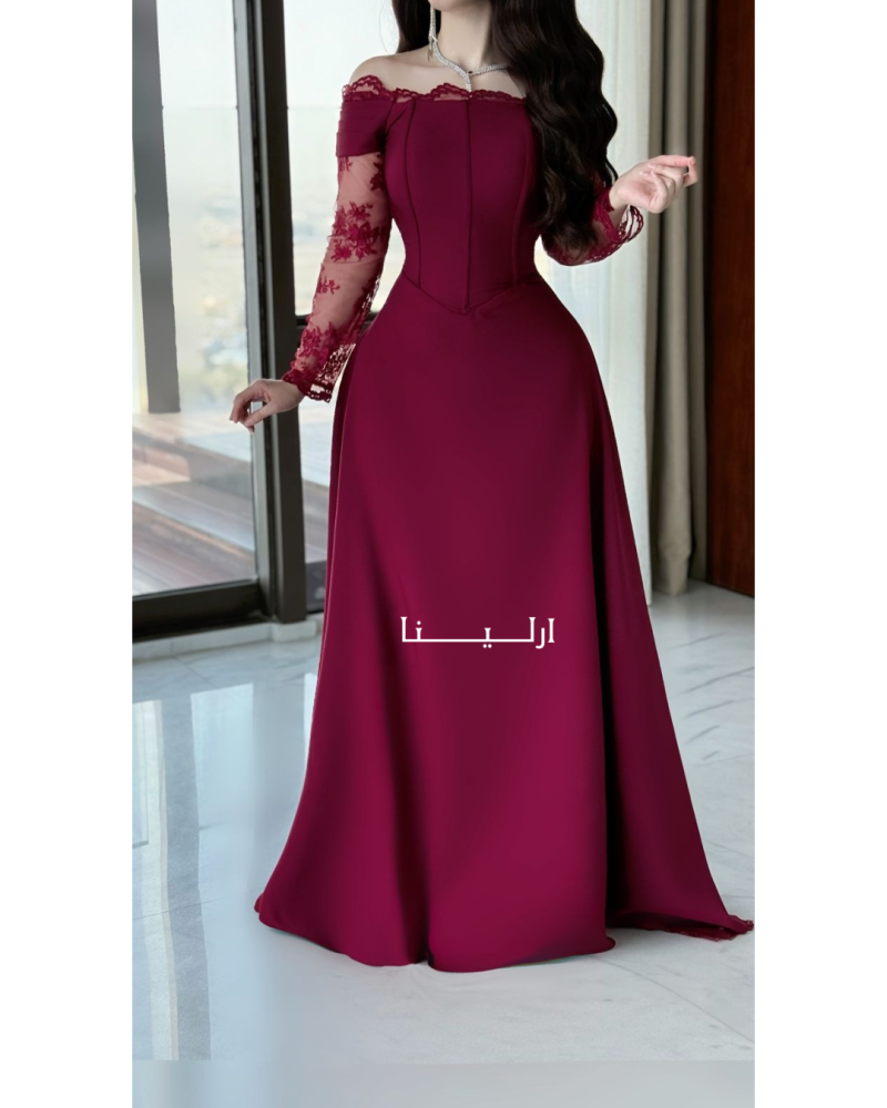 فستان عودي طويل بتصميم ملكي فاخر يناسب السهرات الراقية