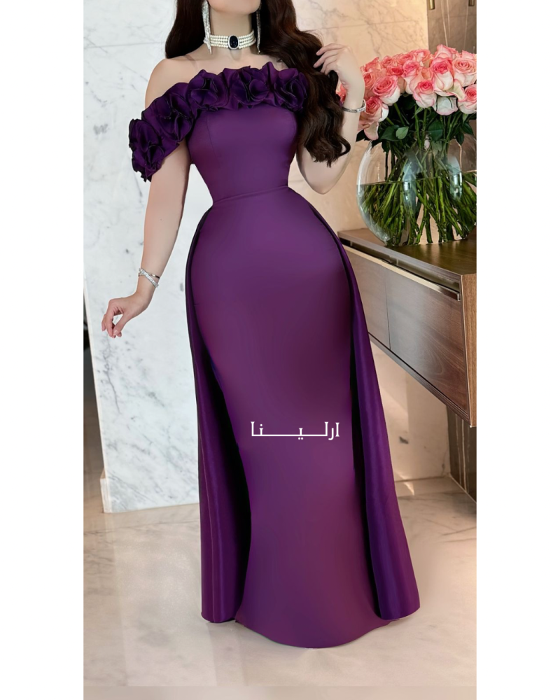 فستان سهرة موف طويل بتصميم ملكي فاخر يناسب السهرات