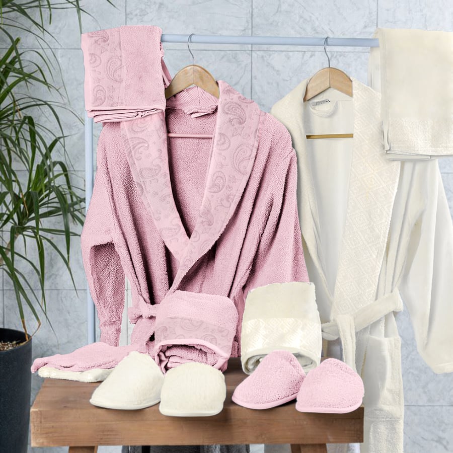 Luxurious bamboo bathrobe set (off white and pink)