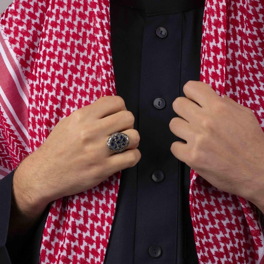 خاتم رجالي فضة استرليني مزين بحجر زركون أزرق