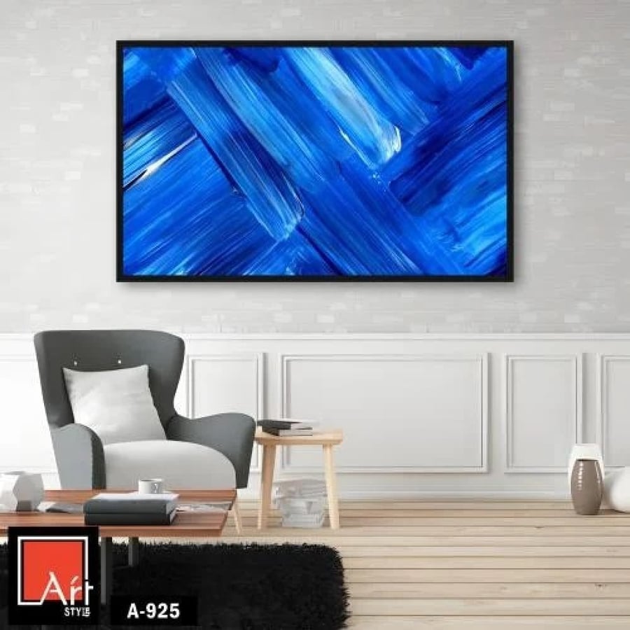 A925 A modern abstract painting featuring vibrant blue hues and dynamic lines. The visible brushstrokes add depth and movement to the piece. The painting evokes a sense of tranquility and vastness, making it a perfect addition to contemporary decor.