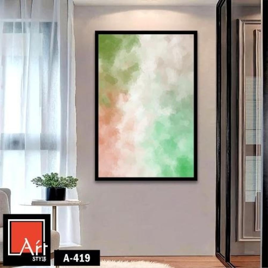 A419 An abstract artwork with harmonious shades of green, orange, and white, capturing the serene beauty of nature's colors.